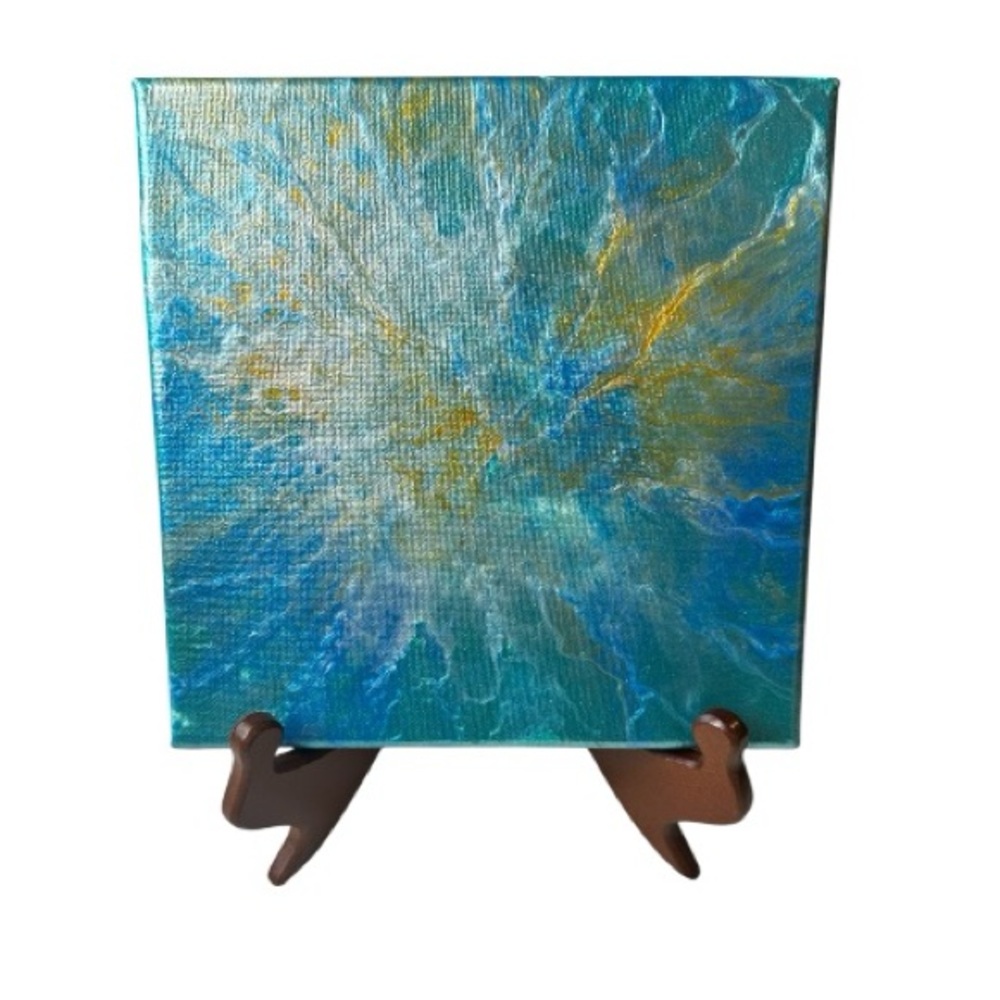 Abstract Blue and Gold Canvas Art 8” x 8” Paint Pour
Signed